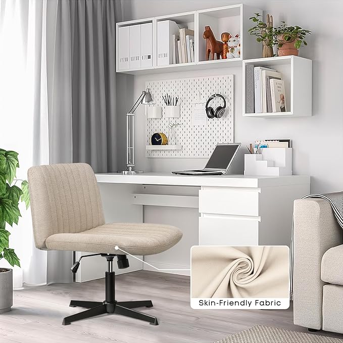 PUKAMI Criss Cross Chair,Comfy Cross Legged Office Desk Chair No Wheels,Modern Fabric Swivel Adjustable Height Mid Back Wide Seat for Home Office Computer (Beige)
