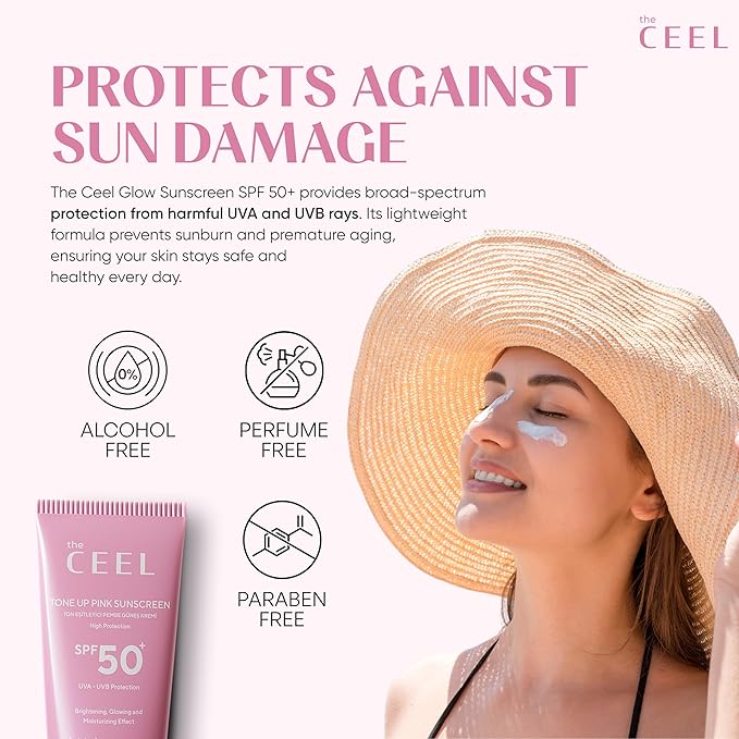 The Ceel Pink Tone Up Sunscreen for Face with SPF 50+ & Hyaluronic Acid - Brightening, Glowing & Moisturizing Facial Primer with Calamine & Vitamin B5 for All Skin Type - Paraben & Perfume Free - 50ml