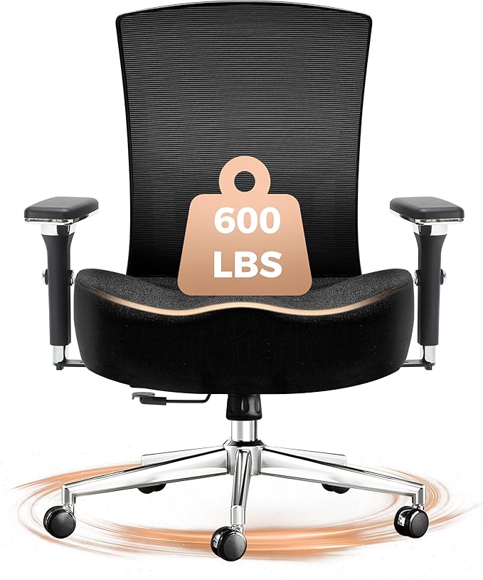 600lbs Big and Tall Office Chair,Oversized Ergonomic Breathable Mesh Desk Chair with W-Shape Thicken Seat Cushion,Computer Chair with Upgraded 4D Armrest,Lumbar Support for Heavy People All Day