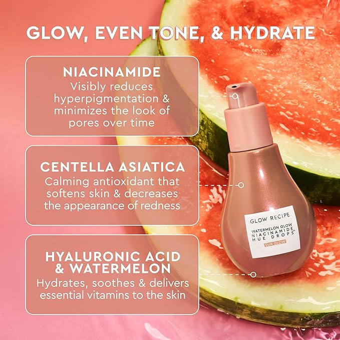 Glow Recipe SPF Dew Balm Sunscreen Stick (0.58 oz) + PHA + BHA Face Toner (40 ml) + Hue Drops Tinted Serum, Bronzer & Highlighter (40 ml)