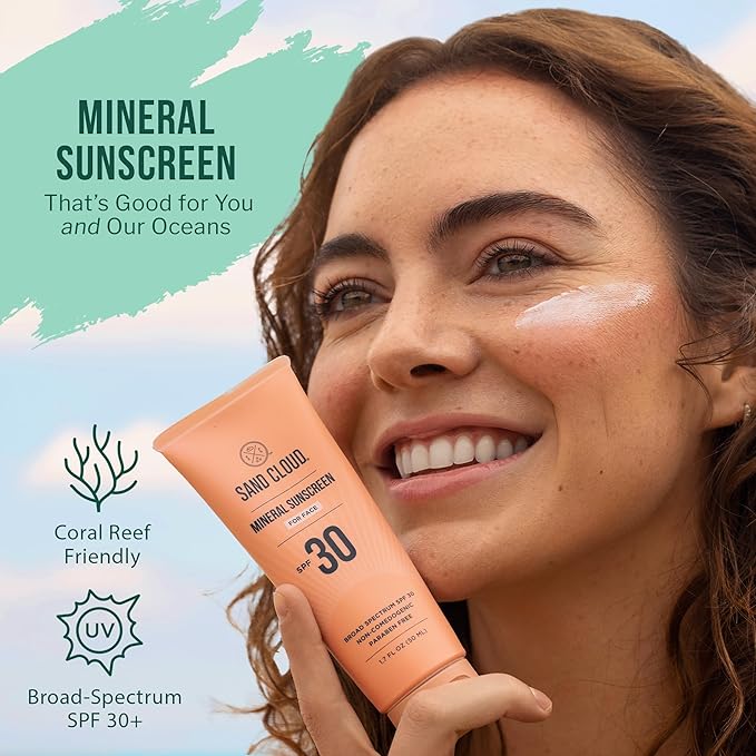 Sand Cloud Broad Spectrum Mineral Sunscreen for Face SPF 30, 1.7 Oz - Zinc Oxide for Sensitive Skin - Fragrance-Free Facial Formula That Hydrates, Nourishes, & Protects