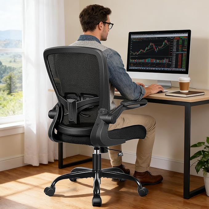 Ergonomic Office Chair 2026 - Mesh Desk Chair with Flip-up Armrests, Adjustable Height and Lumbar, 360° Swivel Comfortable Computer Chairs for Home, Conference Room, Reception, Max 350lbs, Black