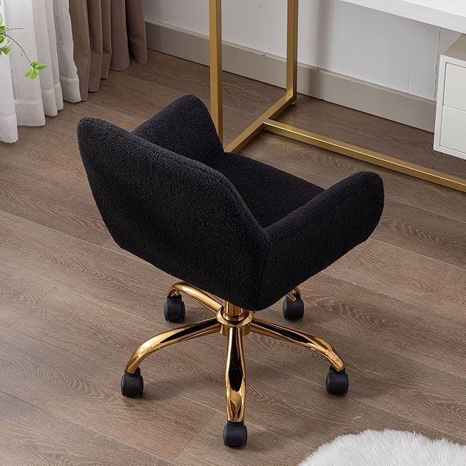 KCC Faux Fur Office Desk Chair, Comfy Swivel Armchair with Wheels, Upholstered Fuzzy Vanity Chair, Adjustable Seat Height, Black