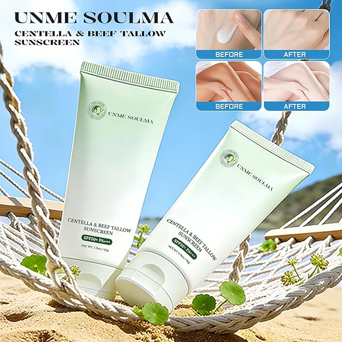 Centella Sunscreen SPF 50 | with Beef Tallow & Zinc Oxide Sun Protection, Skin Care & Moisturizing 3 in 1, Mineral Sunscreen for Face & Body, Non-Comedogenic, Vacation Travel Size (1.76oz / 50g)
