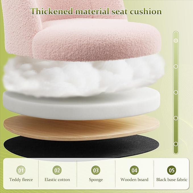 Vanity Chair with Wheels, Cute Desk Chair with Back, Armless Office Chair Height Adjustable, Soft Lumbar Support for Small Space, Bedroom, Gentle Pink