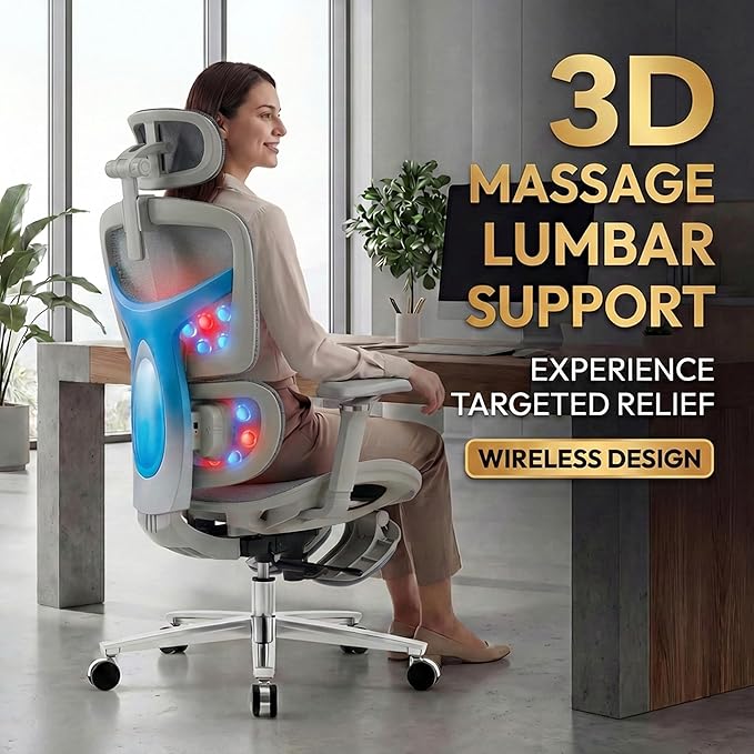 Ergonomic Office Chair with Footrest & Massage Lumbar Support – Adjustable Seat Depth & Back Height Reclining Big and Tall 400LBS Mesh Chair, 4D Headrest & 6D Armrests, for Home Office/Gaming(Gray)