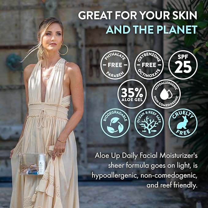 Aloe Up For the Face Daily Moisturizer with SPF 25 Sunscreen - Alcohol-Free Broad Spectrum Facial Lotion With Aloe Vera Gel - Dries Fast - Reef Friendly - For All Skin Types - Fragrance-Free - 1.7 Oz