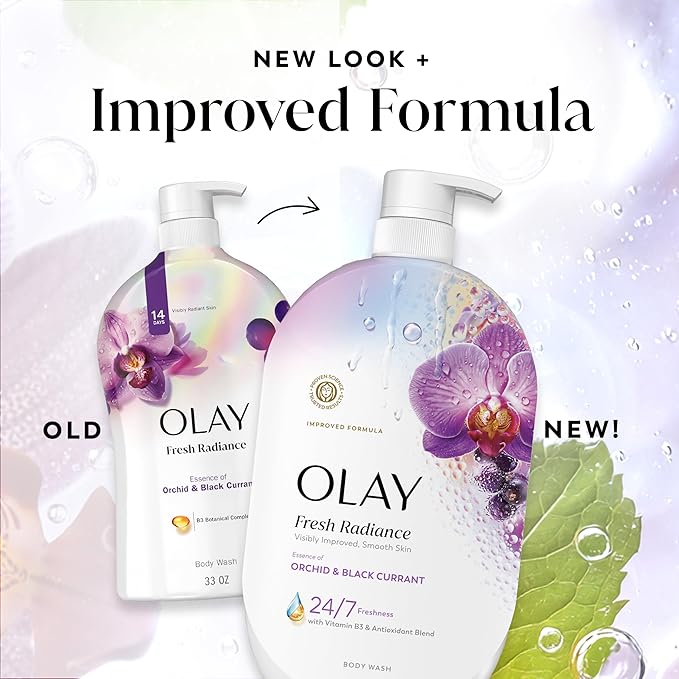 Olay Body Wash for Women, Fresh Radiance, 24/7 Skin-Loving Freshness, Visibly Radiant, Plant Based Cleansers, Vitamin B3 & Antioxidant Blend, For All Skin Types, Orchid & Black Currant Scent, 35 fl oz