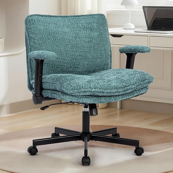Criss Cross Legged Office Chair with Wheels and Flip-Up Arms, Upholstered Criss Cross Desk Chair, Wide Seat Chairs for Home Office, Vanity, Apartment, Green