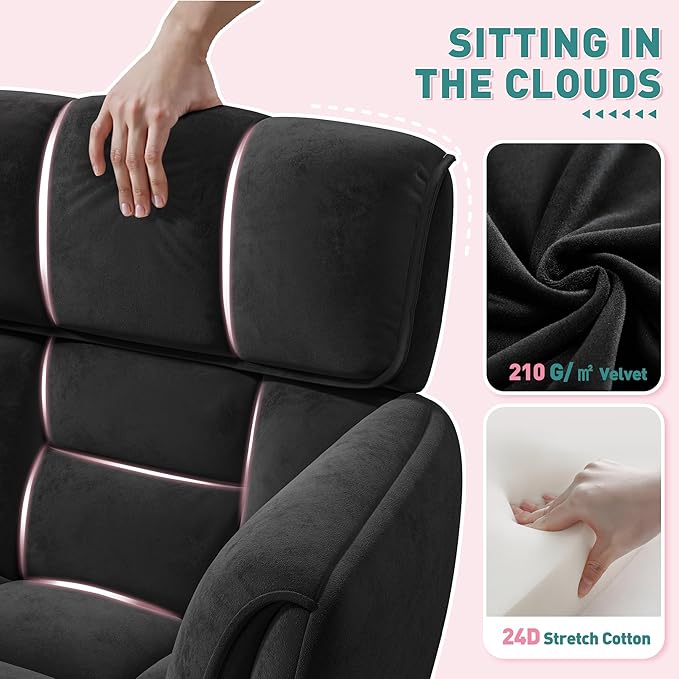 Home Office Chair with Wheels Soft-Touch Material,Modern Cute Vanity Chair with Back Adjustable Height Upholstered Comfy Desk Chairs with Side Pockets for Bedroom,Black