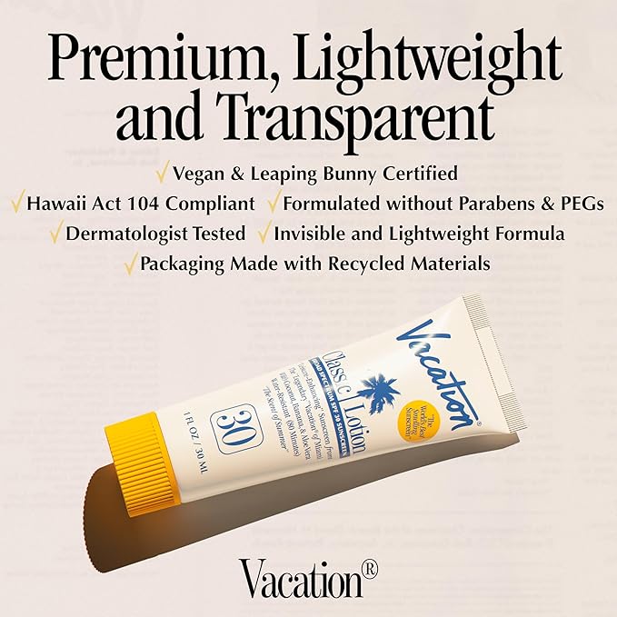 Vacation Mini Classic Sunscreen SPF 30, Water-Resistant, Bulk Suntan Lotion, Bachelorette Party Favors, Beach Must Haves, Traveling Essentials, Travel Size, 1 Fl. Oz. (Value Pack of 24)