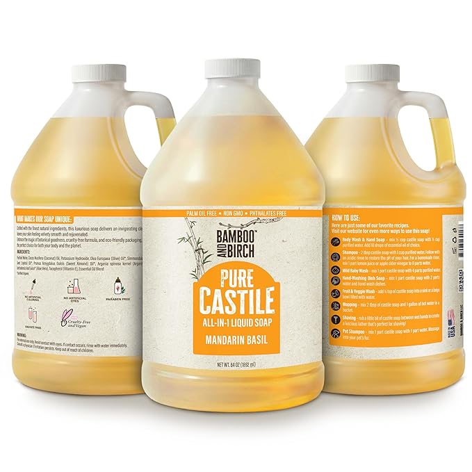 BAMBOO AND BIRCH Pure Castile Soap Liquid, Certified Palm Oil Free Natural Soap, Mandarin Basil, 64 oz