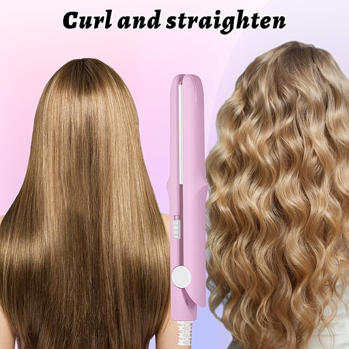 Omaky Upgraded 2-in-1 Mini Curling Wand Flat Iron Hair Straightener,Mini Dual Purpose Curling Flat Iron, Long-Lasting Portable Travel Curling Wand for Women Girls Short Hair, All Hair Types(Pink)