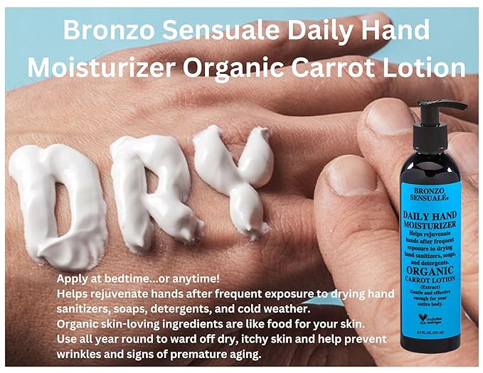Organic Carrot Hand Lotion – Ultra-Hydrating Daily Moisturizer with Aloe & Shea Butter, Stress-Relieving Aromatherapy, Vegan & Cruelty-Free, by Bronzo Sensuale 8.5 fl oz