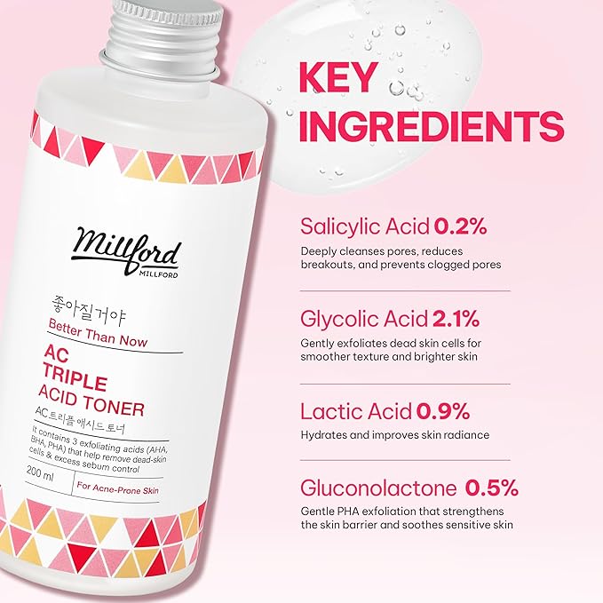 AC Triple Acid Toner 6.76 Oz, 200ml, AHA/BHA/PHA Exfoliating Daily Face Toner, Salicylic Acid, Oily Skin