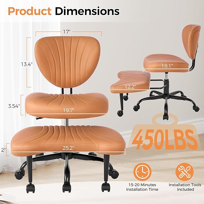 Cross Legged Office Chair, Ergonomic Criss Cross Chair with Wheels, 360° Swivel Height-Adjustable Meditation Chair for Yoga & ADHD, Wide Kneeling Chair with Strong Lumbar Support (Brown) BPY01Z