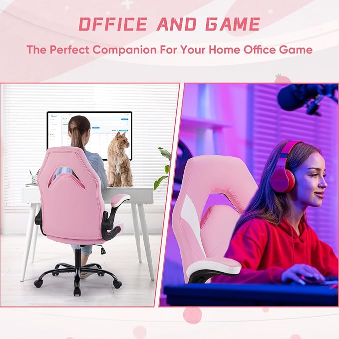 NEWBULIG Computer Gaming Desk Chair - Big Tall Ergonomic Lumbar Support with Flip-up Armrest and 360° Swivel Wheels, PU Leather Height Adjustable, for Home and Office, Pink