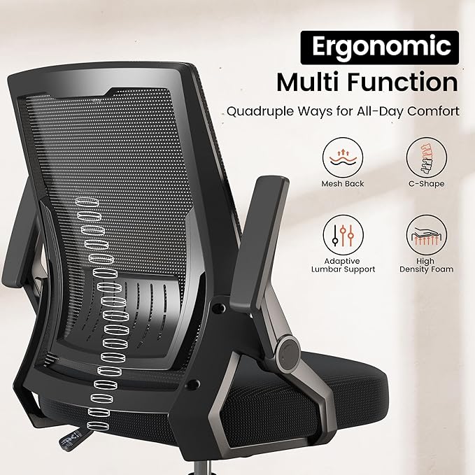 GTPOFFICE Ergonomic Office Chair, Computer Desk Chair Comfy with Adjustable Lumbar Support, Mid-Back Mesh Office Chair with Flip-up Armrest, Tilt Function Task Chair for Home, Bedroom, Gaming, Black