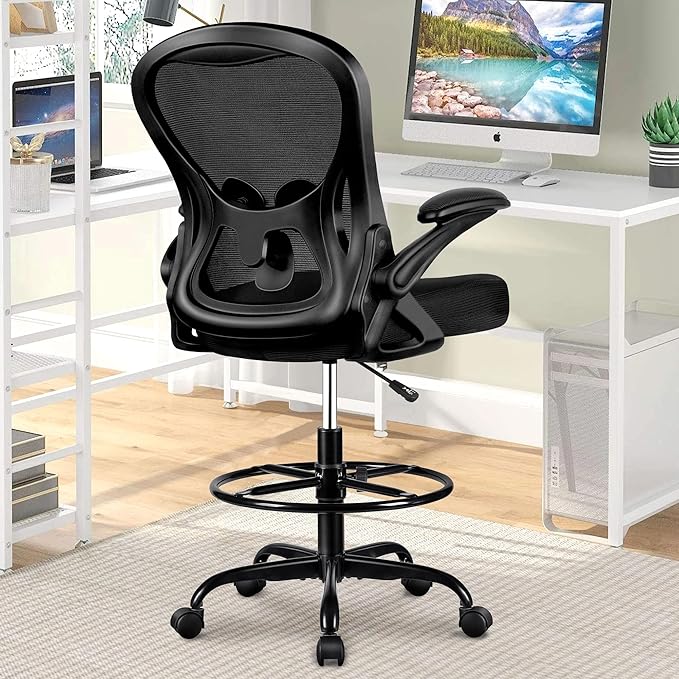 Winrise Drafting Chair, Tall Office Chair Ergonomic Standing Desk Chair, Lumbar Support Computer Chair Swivel Task Rolling Chair with Adjustable Flip-up Armrests Black Pack of 8