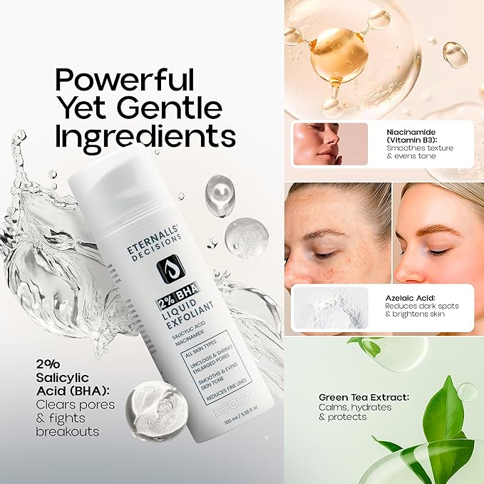 Gentle BHA Liquid Exfoliant - Face Exfoliator with 2% Salicylic Acid & 5% Niacinamide | Anti-Aging Daily Leave-On Exfoliating Toner, Smooths Texture, Hydrates, Unclogs & Refines Pores for Glowing Skin