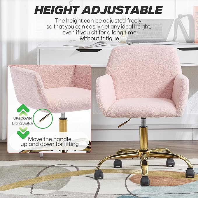 KCC Faux Fur Vanity Makeup Desk Chair, Comfy Fluffy Swivel Modern Leisure Armchair with Wheels, Upholstered Fuzzy Height Adjustable for Teens Women Girls Elegant Home Office, Pink