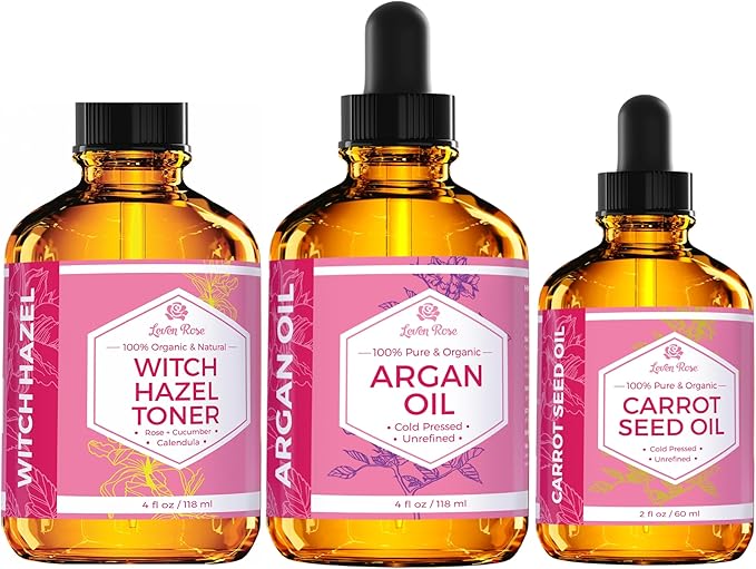 Radiant Skin Trio, with Witch Hazel Toner 4oz, Argan Oil 4oz, & Carrot Seed Oil 2oz, for Face, Skin, and Hair
