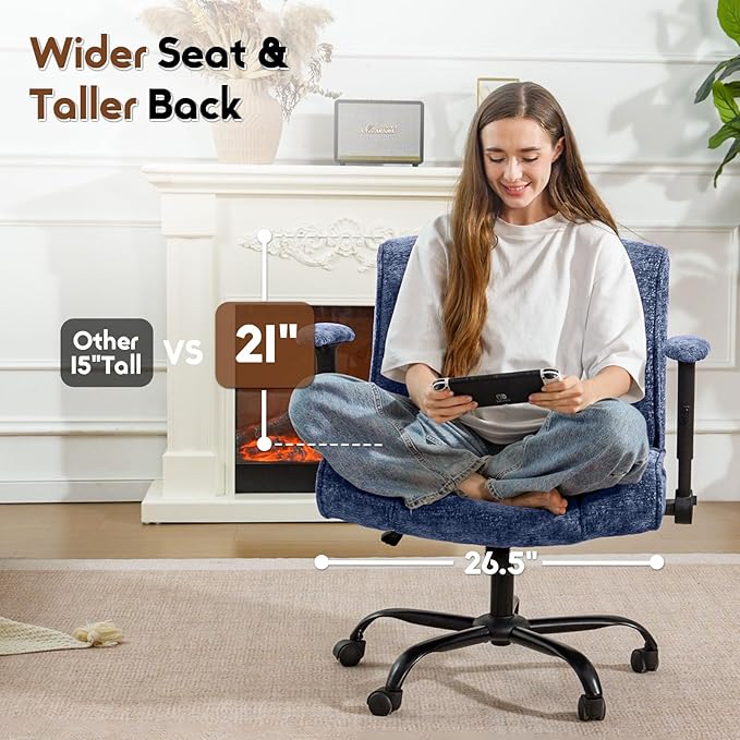 Criss Cross Chair with Wheels & Flip Arms, Wide Cross Legged Office Chair with Adjustable Tilt Criss-Cross Desk Chair with Lumbar Support for Home Office, Bedroom, Apartment Blue
