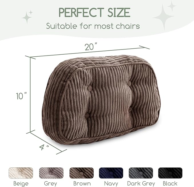 HIGOGOGO Lumbar Support Pillow for Recliner Chair/Accent Chair/Couch/Office Chair, Tufted Corduroy Back Support Cushion for Elderly, Recliner Cushions for Back Rest, Pain Relief, Reading, Brown