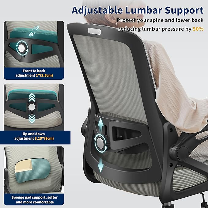 Ergonomic Office Chair, Desk Chair with Adjustable Lumbar Support, Breathable Mesh Comfy Computer Chairs with Flip-up Armrests Executive Task Chair for Adults Home Office (Dark Gray)