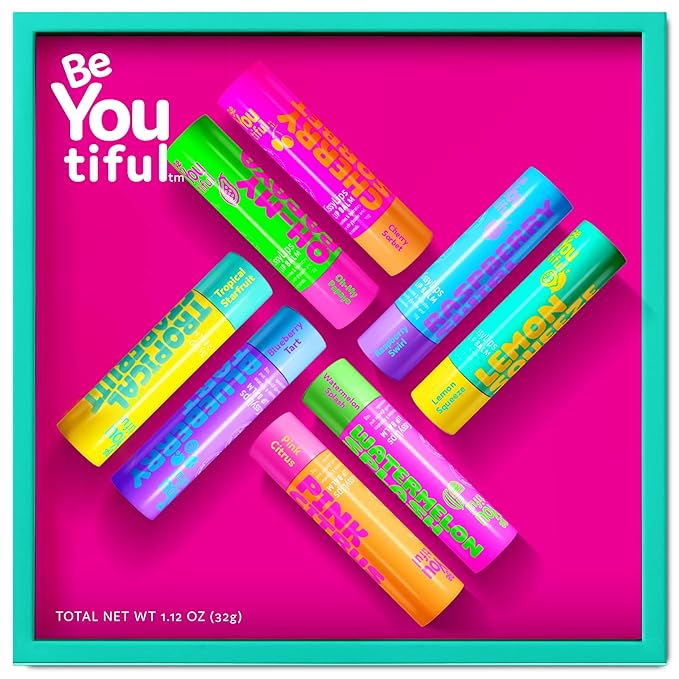 BeYoutiful Skincare Natural Lip Balm Set of 8 for Teens, Easter Basket Stuffers for Kids, Shea Butter & Vitamin E, 8 Fruity Flavors Gift Box for Kids Tweens Teens, Easter Gifts