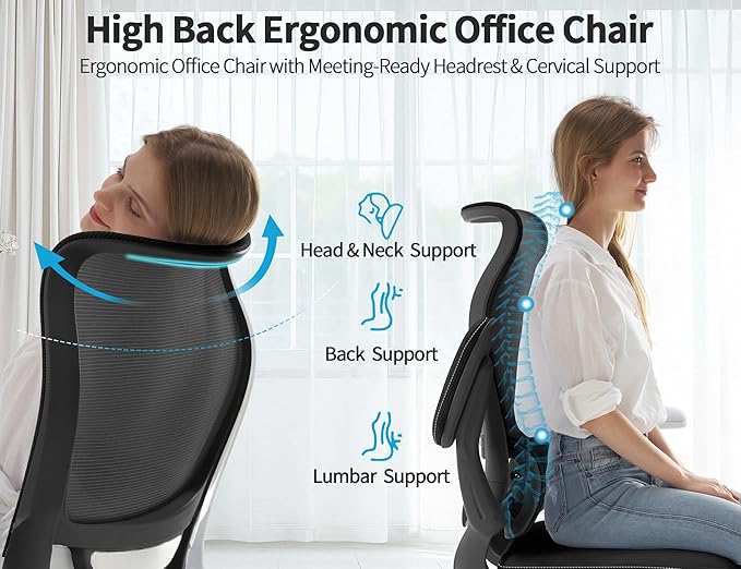 TRALT Ergonomic Office Chair - Desk Chair with Wave High Back Adjustable Lumbar Support Computer Chair - Gaming Chairs Mesh Backrest and PU Leather Seat for Home Reading Chairs to Adults(Black)