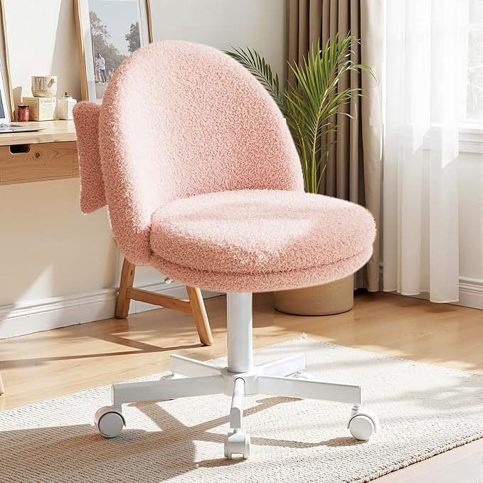 GTPLAYER Velvet Tall Office Chair with Wheels Vanity Chairs with Back, Versatile Height Use: Office to Bar Stools Small Ergonomic Comfy Armlees Computer Desk Chair with Bow Lumbar Pillow for Gift