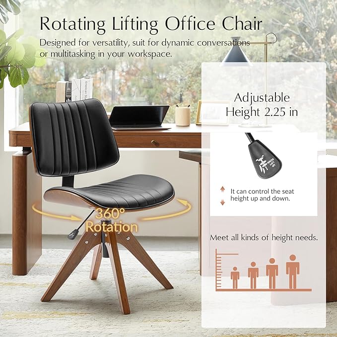 HULALA HOME Faux Leather Home Office Chair with Solid Wood Legs, 360° Swivel Desk Chair No Wheels with Bentwood Design, Mid-Century Modern Wide Seat Computer Task Chair, Black