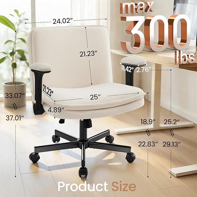 Criss Cross Office Chair with Wheels - Wide Seat Criss Cross Desk Chair with Flip-up Arms and Thick Cushion - Comfy Tilting Swivel Rolling Vanity Chair for Home Office Bedroom Apartment