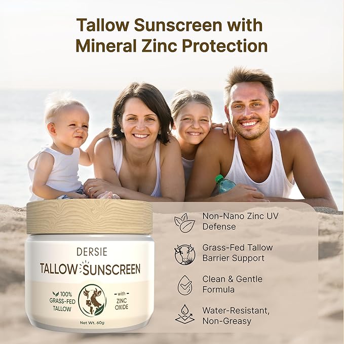 Dersie Tallow Sunscreen SPF 30 – Mineral UV Defense with Non-Nano Zinc Oxide – Face & Body Sun Protection for Adults & Kids – 100% Grass-Fed Beef Tallow for Moisture Retention & Skin Comfort (2.1 oz)