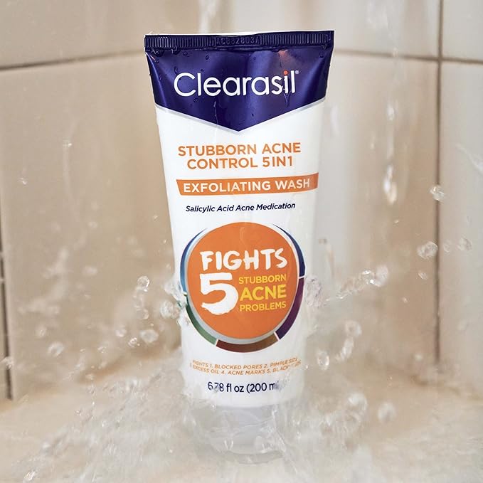 Clearasil Stubborn Acne Control 5in1 Exfoliating Wash, Maximum Strenght with 2% Salicylic Acid Acne Treatment Medicine, Daily Acne Facial Cleanser 6.78 fl oz