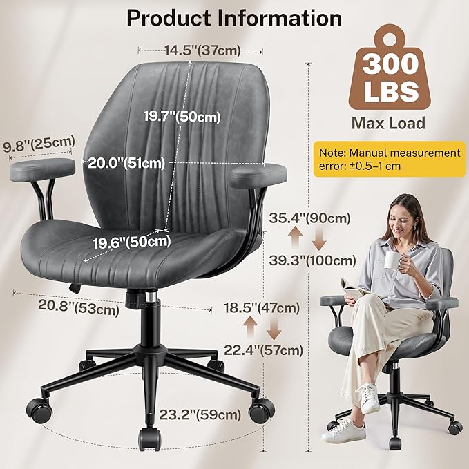 Leather Office Chair with Removable Armrests, Mid Back Ergonomic Desk Chair with Lumbar Support, Adjustable Height Rocking Swivel Executive Chair for Home Office, Dark Gray