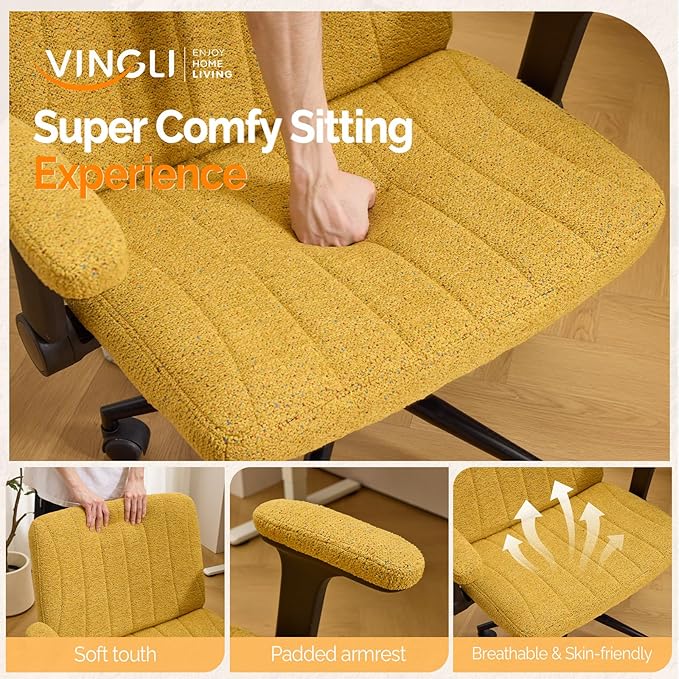VINGLI Criss Cross Chair with Adjustable Flip-Up Arms,Cross Legged Chair with Wheels,Extra Wide Office Chair,Desk Chair for Home Office,Vanity,Bedroom, Apartment,Starry Chenille,Pale Yellow