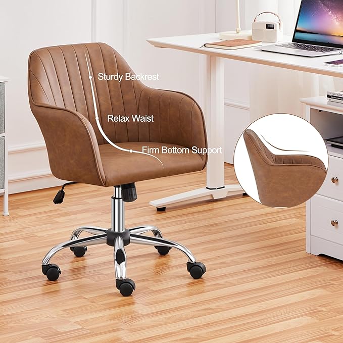 Yaheetech Modern Faux Leather Desk Chair Makeup Chair Height Adjustable Swivel Office Task Computer Armchair for Living Room Retro Brown