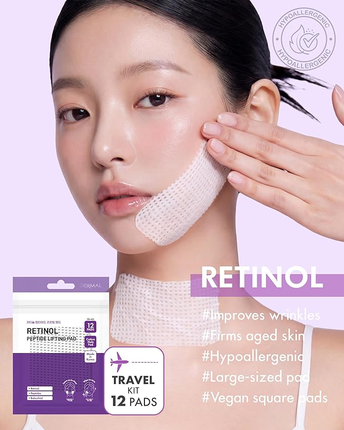 DERMAL Retinol Peptide Lifting Pad - Korean Toner Pad for Anti-Aging & Wrinkles with Bakuchiol - Vegan Pure Cotton Square Pads - Travel Kit 12 Pads, 3 Pack (Total 36 ea)