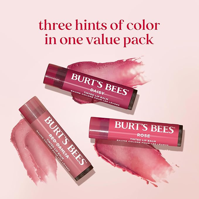 Burt’s Bees Tinted Lip Balm Value Pack Includes 3 Lip Balms: Red Dahlia, Daisy and Rose; 8 Hour Moisture; Provides a Hint of Color; Nourishing Shea Butter; 100% Natural Origin; 3 Tubes; 3x0.15 Oz.