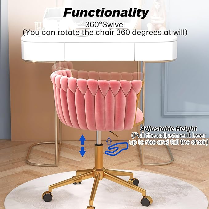 Velvet Woven Home Office Chair, Modern Swivel Desk Chair with Wheels, Height Adjustable Vanity Chair with Gold Metal Base and Hand Weaving Back for Bedroom Study Small Space, Pink