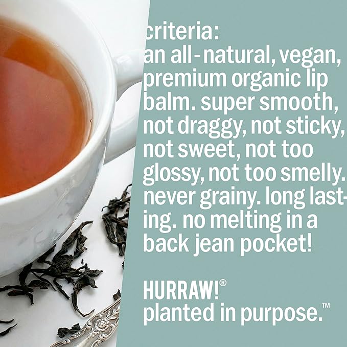 Hurraw! Earl Grey Lip Balm: Organic, Certified Vegan, Cruelty and Gluten Free. Non-GMO, 100% Natural Ingredients. Bee, Shea, Soy and Palm Free. Made in USA