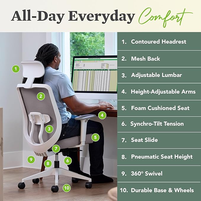 HON Altern Ergonomic Office Chair with Headrest, Arms, Wheels, Foam Cushion Seat, Mid Back Home Office Desk Chair Comfy, Gaming Chair, Height Adjustable Arms, Synchro-Tilt, White Frame, Black