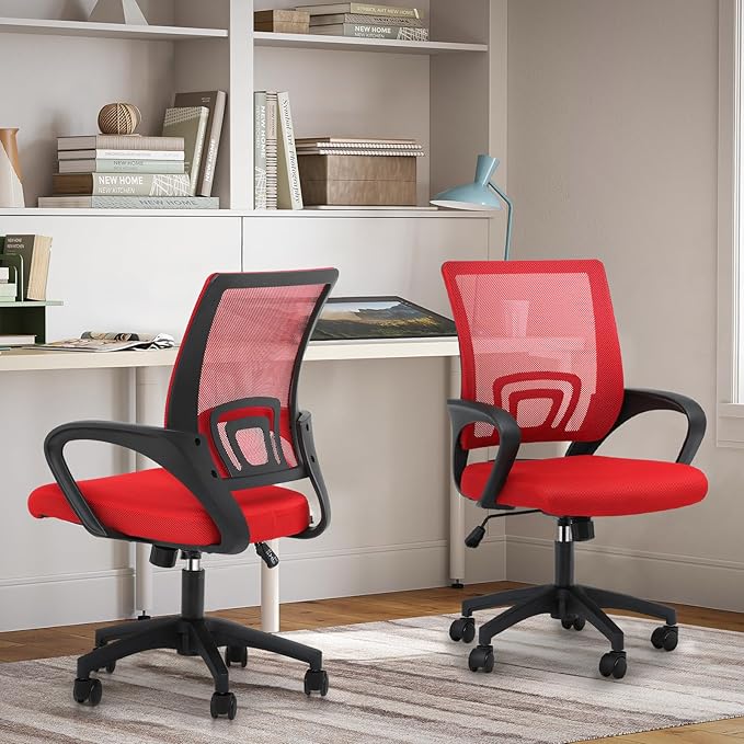 Magshion Ergonomic Office Chair Pack of 2, Mid-Back Mesh Desk Chair, Adjustable Swivel Computer Chair with Lumbar Support & Breathable Backrest for Gaming, Work, Study, 300 Lbs Capacity, Red