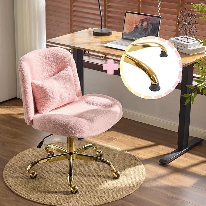 VINGLI Wide Criss Cross Legged Office Chair,Buttprint Ergonomic Desk Chair Comfy with Pillow&Gold Base,Dual-Use with/no Wheels,Adjustable Vanity Swivel Chair for Bedroom,Home Office,Teddy Fleece,Pink