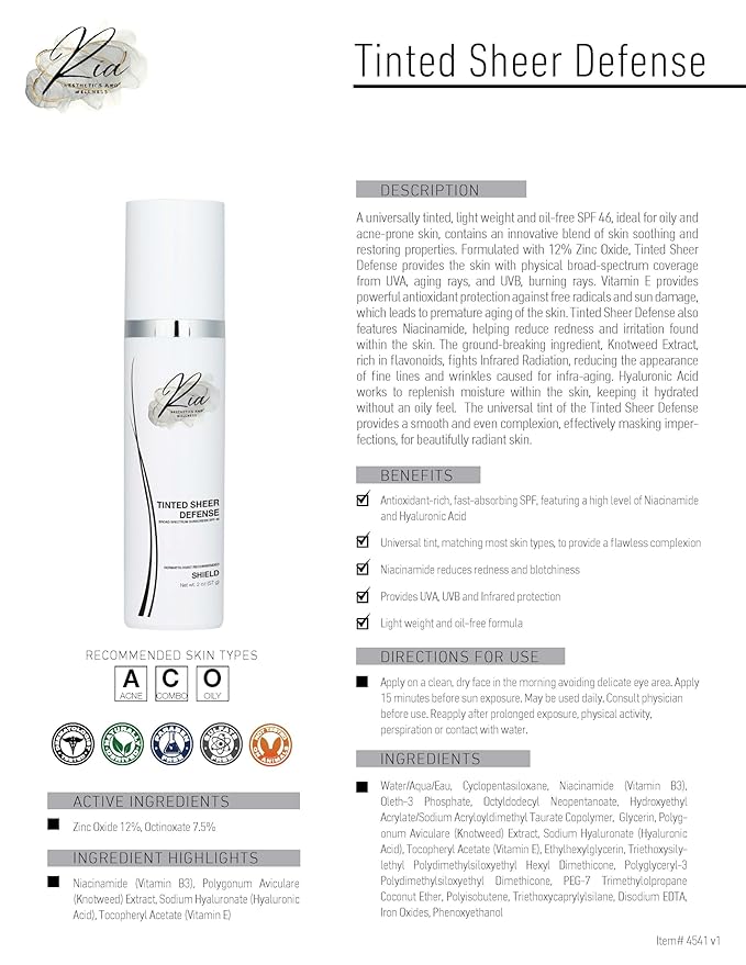 Ria Tinted Sheer Defense | Lightweight Oil-Free Tinted Moisturizer with SPF 46, Broad Spectrum Zinc Oxide Face Sunscreen & Skin Tint for Hydrating Daily Sun Protection, Made in USA