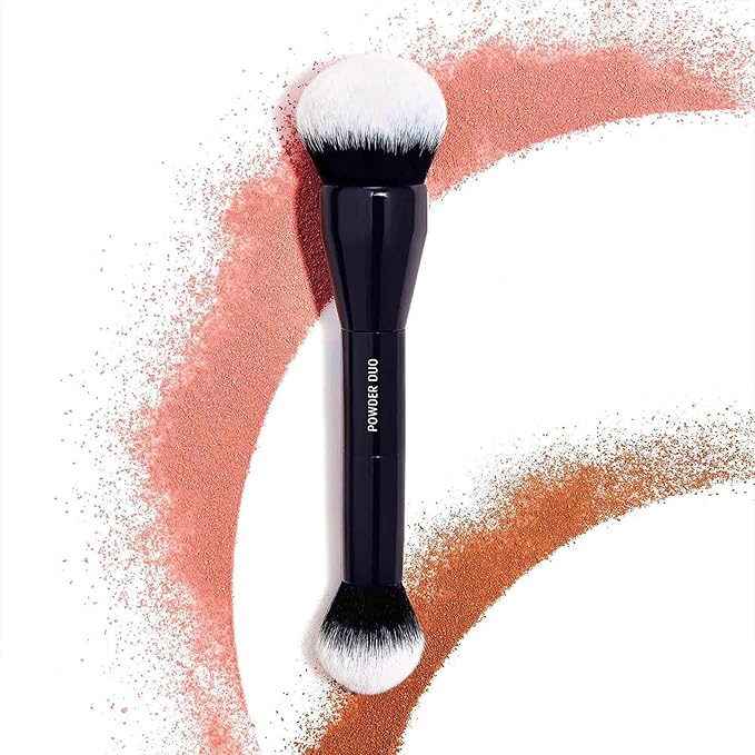 Lune+Aster Powder Duo Brush | Dual-Ended Makeup Brush For Application Of Bronzers, Blushes And Powders. Made with Alumium Handle, Vegan Bristles.