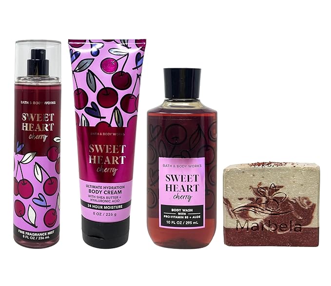 Bath & Body Works Sweet Heart Cherry 3 Piece Gift Set with a Cherry On Top Bar Soap - Fragrance Mist - Body Cream and Body Wash - Full Size