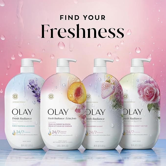 Olay Body Wash for Women, Fresh Radiance, 24/7 Skin-Loving Freshness, Visibly Radiant, Plant Based Cleansers, Vitamin B3 & Antioxidant Blend, For All Skin Types, Peach & Cherry Blossom Scent, 35 fl oz